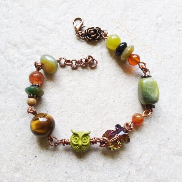 Uniquely Handmade! Semi-Precious Beads Bracelet ~ Woodlands Owls Nature Inspired - Picture 1 of 7